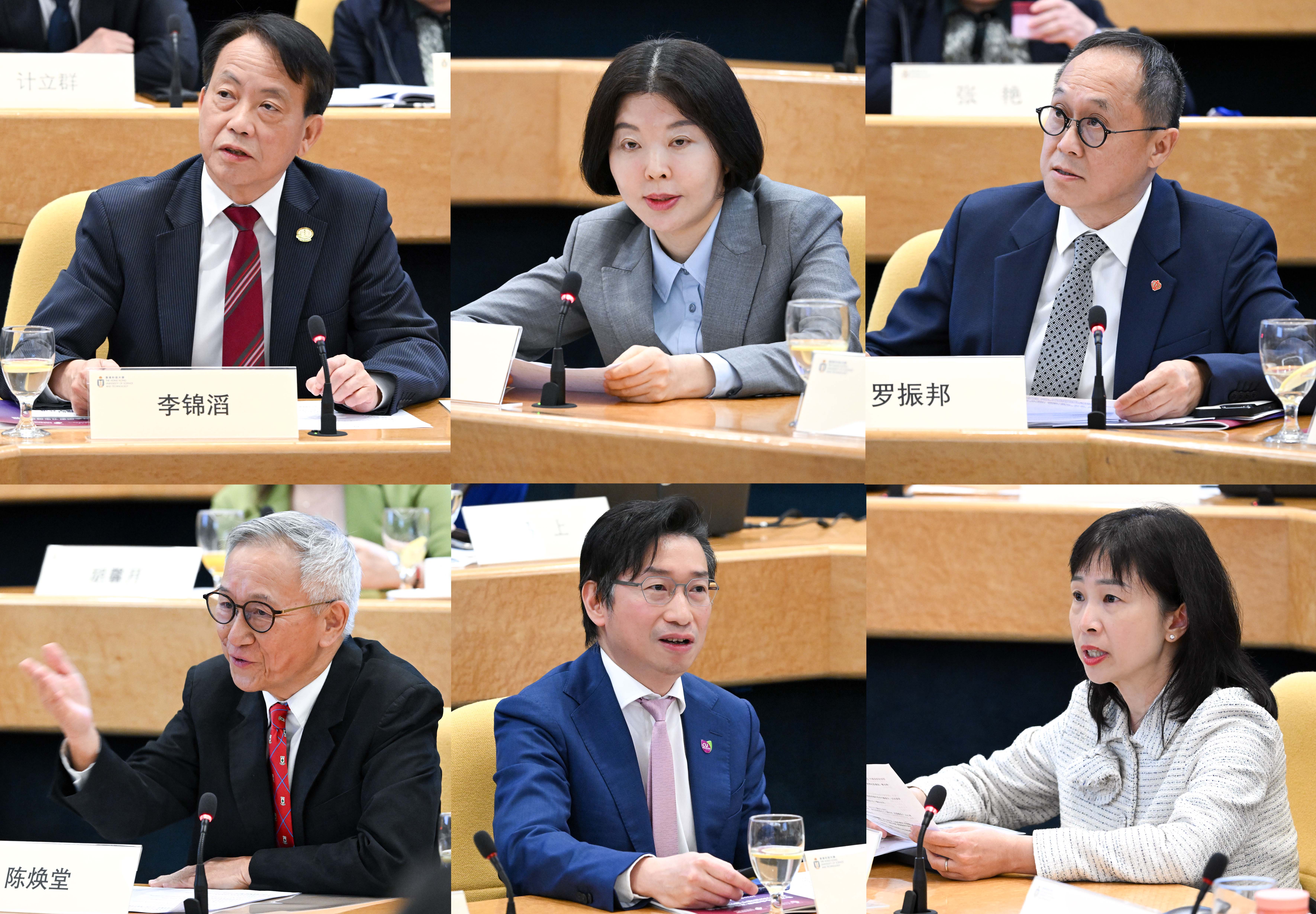 上排左起：香港医科专科学院主席李锦滔教授、国家卫生健康委人才交流服务中心纪委书记王江红女士、九龙西医院联网总监和玛嘉烈医院及北大屿山医院行政总监罗振邦医生; 下排左起：养和医疗集团首席医疗总监暨养和医院副院长陈焕堂医生、香港中文大学医学院院长赵伟仁教授、香港大学李嘉诚医学院副院长（临床事务）黄颖儿教授。