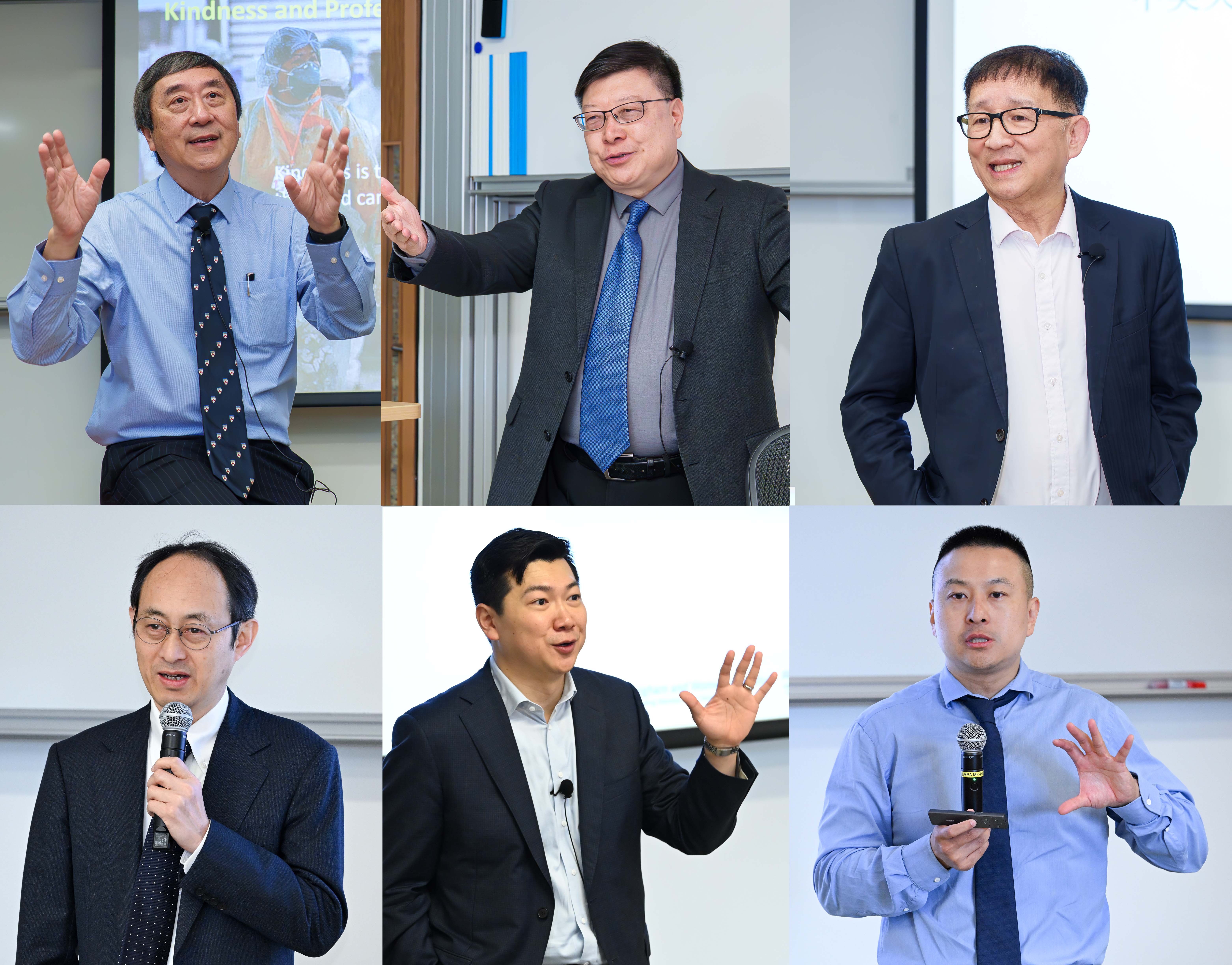 上排左起：新加坡南洋理工大学李光前医学院院长暨高级副校长（健康及生命科学）沈祖尧教授、盖茨基金会中国办公室主任及北京大学医学部教授郑志杰教授、香港大学当代中国与世界研究中心创始主任及政治学教授李成教授; 下排左起：东京大学医学研究生院教授Masahiro HASHIZUME教授、哈佛大学公共卫生学院卫生政策与管理系副教授Thomas TSAI教授、清华大学万科公共卫生与健康学院副教授纪思翰教授。