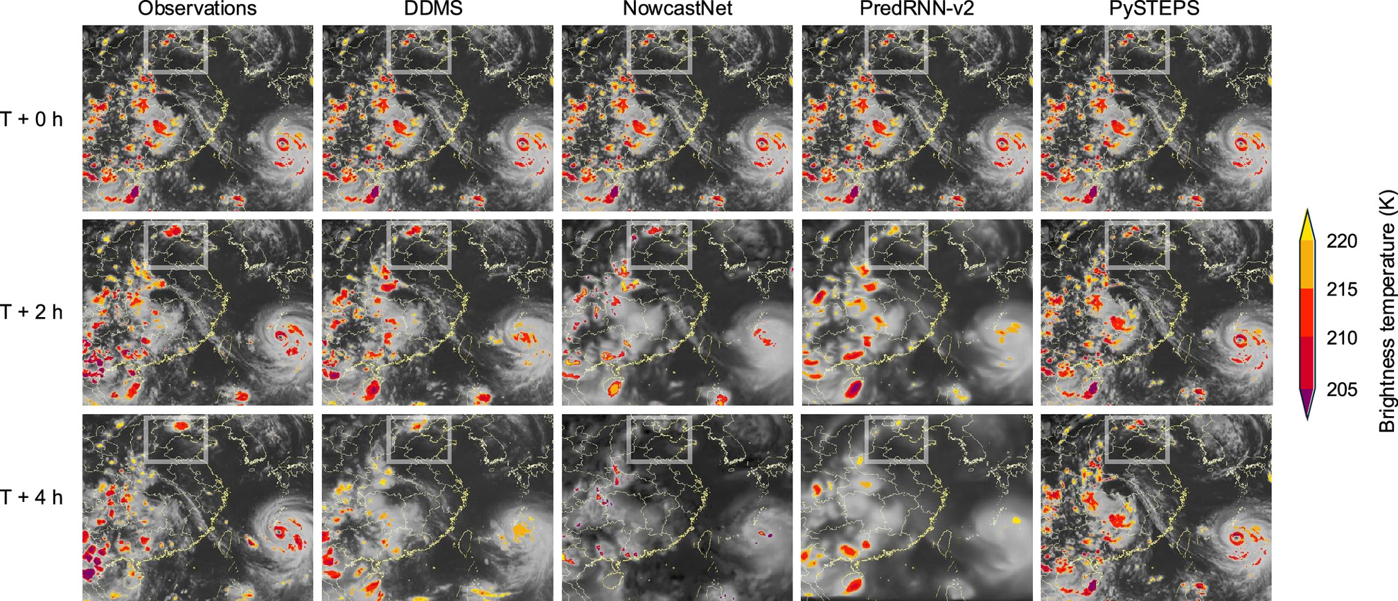 On July 29, 2023, the Beijing–Tianjin–Hebei region was hit by a severe convection event with extreme rainstorm influenced by Typhoon Doksuri. The figure shows that existing models—NowcastNet and PredRNN v2—were unable to provide accurate predictions at a 4 hour lead time, and the PySTEPS model also failed to do so. In contrast, DDMS demonstrated more accurate nowcasting capabilities.